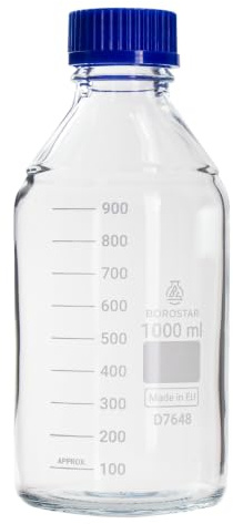 Borostar Laborflasche 1000 ml, Borosilikatglas 3.3, GL45, mit blauer Schraubkappe und Ausgießring PP, Höhe 176 mm