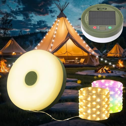 Yizhet 10m Camping Lichterkette Solar – Wiederaufladbare Aufrollbar Outdoor LED Lichterkette mit USB 9 Beleuchtungsmodi, wasserdicht, tragbar, perfekt für Camping und Garten