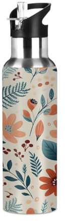 600ml Stainless Steel Sports Water Bottle with Leakproof Straw, BPA Free Thermal Flask for Gym & Outdoor, 10-Hour Insulated 304 Steel Drinkware with Floral Leaf Printed Design