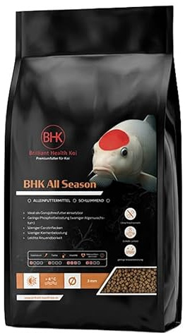 BHK Nourriture pour carpes koï All Season 15 kg - Nourriture pour bassin avec farine de poisson et huile de saumon - Granulés flottants de 5 mm - Nourriture toute l'année à partir de 8 °C - Pour le