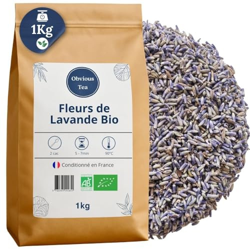 Fleurs de Lavande Bio Entières - Infusion Nature en Vrac et Sachets Parfumés - 100% Naturel, Sans OGM - Agriculture Biologique - Conditionné en France - Sachet 1 kg (500 Tasses)