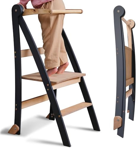 Escalera de aprendizaje Montessori de madera que ahorra espacio: escalera de aprendizaje plegable, taburete para niños, escalera plegable para niños, escalera de aprendizaje con protección antivuelco