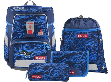 Step by Step SPACE Schulranzen-Set Manta Rio, 5-tlg., blau, 20 l, Ergonomisches Schulranzen-Set im Unterwasserwelt-Design mit Reflektoren und Hüftgurt