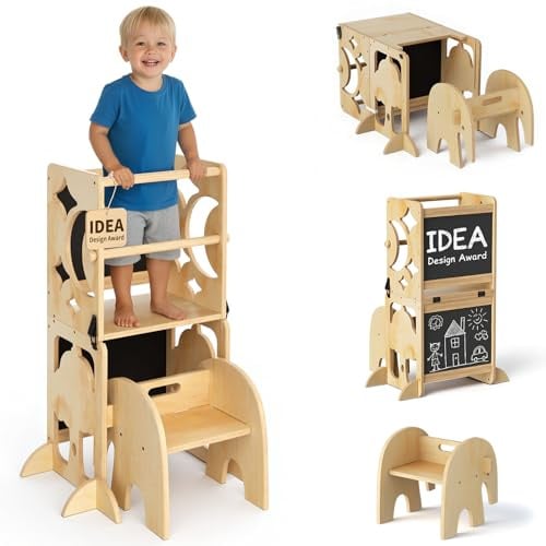 COSYLAND Lernturm ab 1 Jahr, klappbar – 4in1 Lernturm Kinder mit Doppeltafel, Stehhilfe & Schreibtisch mit Stuhl, Elefanten-Hocker als Tritthocker, Natur