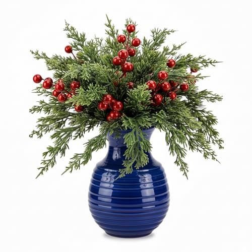 Norfolk Pine Stems with Red Berry Stems, Christmas Decorations, 35 Pine Branches and 10 Faux Berry Stems, Artificial Holly and Christmas Flowers for Holiday Decor