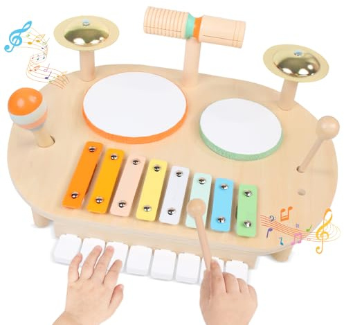 YHHYTOY Toddler Drum Set for Kids, Wooden Montessori Toys for 2 Year Old, Baby Musical Instruments Percussion Set with Xylophone, Toddler Gifts for 2 3 4 Year Old Girls Boys Kids