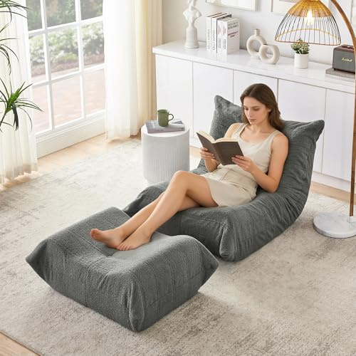 Yihomfy Pouf Canapé de Sol, Fauteuil Togo, Bean Bag Chaise Confortable, et Repose-Pied, Dossier inclinable, Aucun Montage Requis, pour Salon, Chambre, Bureau (Gris)