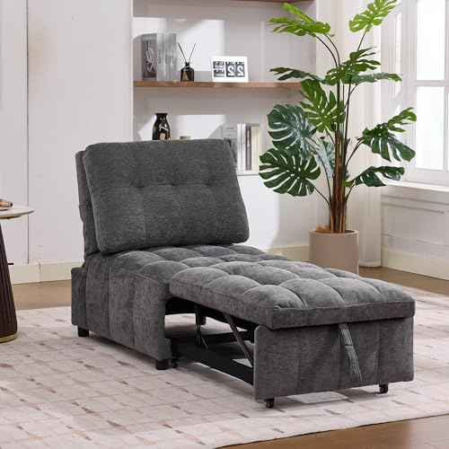 Merax 2-in-1 Schlafsofa, Einsitzer-Sofa mit Schlaffunktion, Ausziehsofa mit 3-stufig Verstellbarer Rückenlehne, Klappbares Schlafcouch mit Kissen, klein Sofa für Wohnzimmer Schlafzimmer Wohnung, Grau