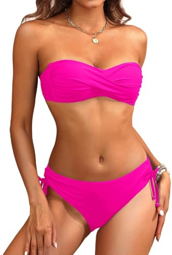 Minetom Maillots de Bain 2 Pièces Femme Bandeau Bikini Set D Rose Vif XXL