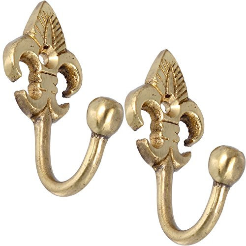 White Hinge 2x Brass Fleur De Lys Curtain Tieback Hooks | Gold Window Drape Hold Back