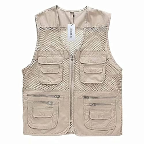 Rizanee Unisex Mesh Breathable Fishing Vest, Multi-Pockets Photography Travel Hiking Jacket for Adults and Youth (Beige, US L - TAG 2XL)