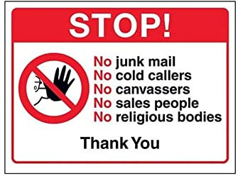 V Safety Stop! No Junk Mail, Thank You Sign - 150mm x 100mm - Self Adhesive Vinyl