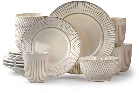 Elama Market Finds Samtida runda präglade stengods servis-set porslin, vit