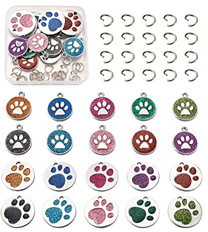 PandaHall Anhänger mit Hundepfotenabdruck, 2 Stile, bunt, Tier-Glitzer, Fußabdruck, baumelnde Charms mit 20 Biegeringe für selbstgemachte Halsketten, Armbänder, Schmuckherstellung, 20 Stück