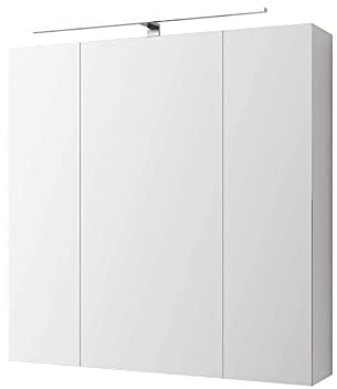 ML-Design Armoire de Toilette avec Éclairage LED et Mirroir 72,4x72x15 cm, Prise, Interrupteur, 6 Étagères en Verre Réglables en Hauteur, 3 Portes, Blanc, Meuble Rangement Murale pour Salle de Bain
