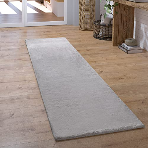 Paco Home Teppich Läufer Hochflor Wohnzimmer Flur Flauschig Schlafzimmer Fell Kunstfell Modern Fellimitat Einfarbig, Grösse:80x150 cm, Farbe:Grau