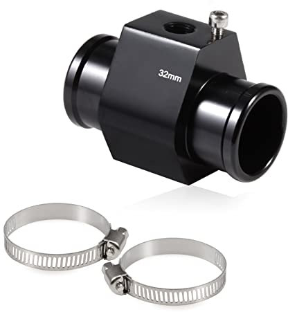 SPEEDWOX Adaptador de sensor de temperatura del refrigerante de agua de 32 mm, adaptador de sensor de radiador de tubo de junta con 2 abrazaderas de manguera de acero inoxidable, adaptador de manguera