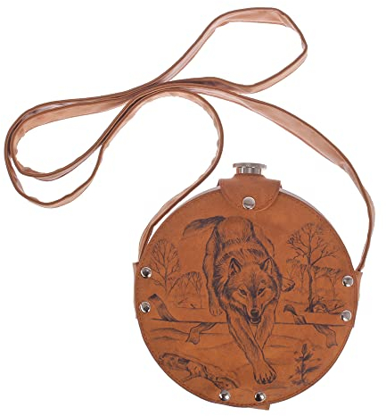 Flachmann Edelstahl mit Kunstleder 900 ml Фляжка Schraubdeckel Schnaps Flasche mit Gravur (Cognac Wolf)