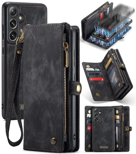 UFinetech für Samsung S24 Hülle, Stoßfest Kartenfach Magnetisch Abnehmbare Tasche Handyhülle für Samsung Galaxy S24, Flip Reißverschluss Lanyard Leder TPU Klapphülle Kratzfest Schutzhülle Case Schwarz