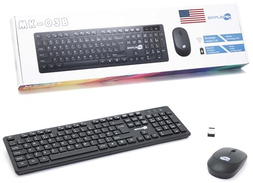SIMPLETEK - Kit Mouse & Tastiera Nera Wireless 2.4G Layout USA | American US Keyboard QWERTY | Tastierino Numerico Mouse Ergonomico 3 Tasti Ricevitore USB