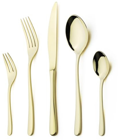 Alata Vienna 18/10 Edelstahl Poliert, Besteck Set 6 Personen Champagner Gold, Essbesteck 30 teilig, Glänzend, Spülmaschinenfest