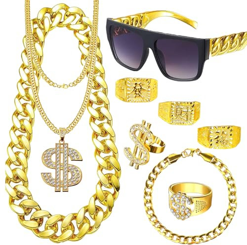 Yolistar 9 Stück Zuhälter Kostüm Goldkette Fasching,80er 90er Jahre Outfit Herren Hip Hop Rapper Kostüm,Goldkette Herren Sonnenbrille Hanzi Dollar Ring Kette Ring für Karneval Fasching Mottoparty