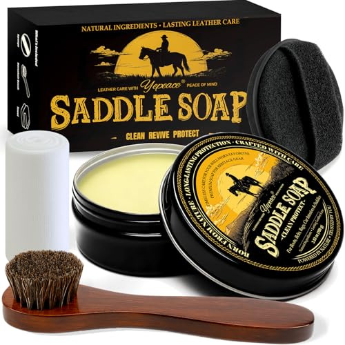 yepeace Saddle Soap 4PC Leather Care Kit – All-Natural 3.52oz Leather Cleaner & Conditioner with Horsehair Brush – Saddle Soap for Boots, Shoes, Bags, Saddles, Car & Jackets