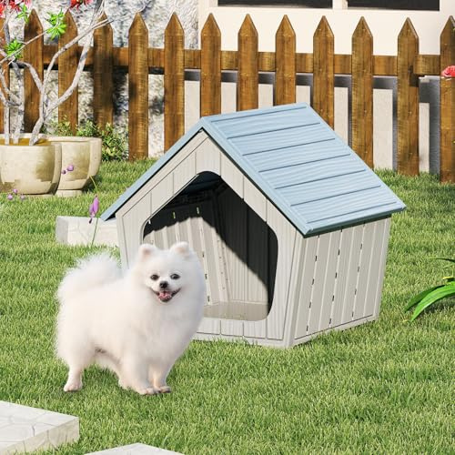 COSTWAY Hundehütte Outdoor, winterfestes Hundehaus aus Kunststoff, Hundehöhle mit Lüftlöchern & schrägem Dach, Haustierhütte für Garten Drinnen Draußen, Blau+Grau, 59,5 x 57 x 58 cm
