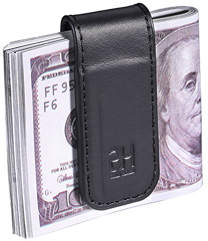 GH GOLD HORSE Slim Magnetic Money Clip Genuine Leather Business Card Holder for Men, Black, Black, M, Slim