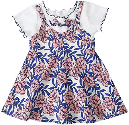Lazzboy Baby Kinder Mädchen Kleinkind Drucken ärmellose Blume Party Prinzessin Kleider Kleidung Sommer Streifen Kurzarm Baumwolle T-Shirt Kleid(Rosa,Höhe110)