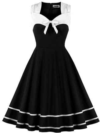 AXOE Femme Robe Vintage Années 50 60 Motifs Pois ou Uni Taille Haute Coupe A Robe Cocktail Soirée Ville Coton Élastique Noir et Blanc, Taille 44, XL