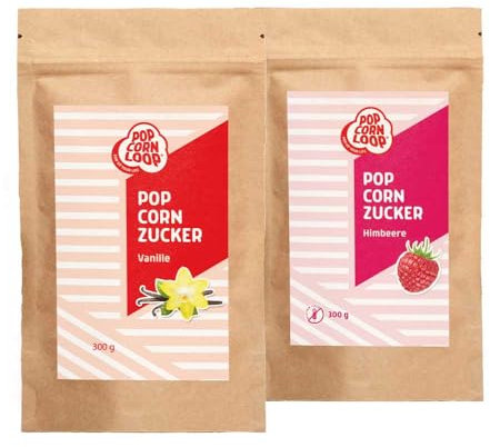 Popcornloop SET mit Popcornzucker Vanille 300 g mit Bourbon-Vanille Zucker Vanillin und Popcornzucker Himbeere 300g Zucker Popcorn Mais Gewürz zum Verfeinern Kochen Backen