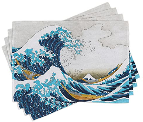ABAKUHAUS Hokusai Platzmatten, Die große Welle von Kanagawa Folkloric Zusammensetzung der Ostländer Mythology Theme, Waschbare Stoff Esszimmer Küche Tischdekorations Digitaldruck, Kokosnussblau