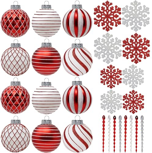SLEETLY 28pk Red White Christmas Baubles for Tree Decorations - Holiday Xmas Shatterproof Plastic Ball Ornaments, Icicles and Snowflakes Set