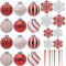 SLEETLY 28pk Red White Christmas Baubles for Tree Decorations - Holiday Xmas Shatterproof Plastic Ball Ornaments, Icicles and Snowflakes Set