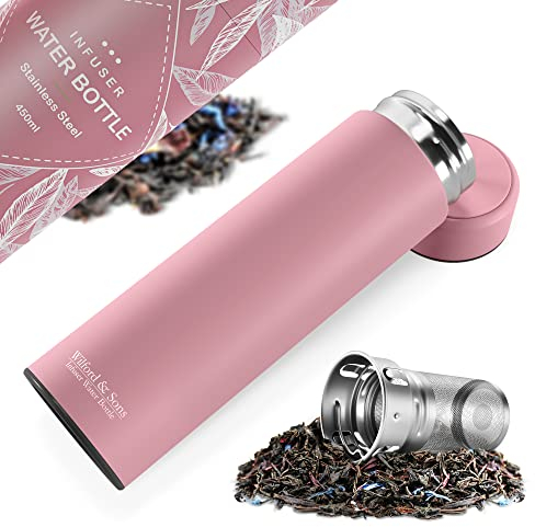 Bouteille d’eau isotherme à infusion thé & fruits + infuseur à fruit + passoire thé sans BPA | Thermos 450ml en acier inoxydable isolé sous vide | Gourde bureau extérieur école voyage sport – Rose