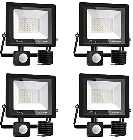 Blivrig LED Strahler mit Bewegungsmelder Außen 50W Kaltweiss, Fluter mit Bewegungssensor, Superhell 5000LM Aussenstrahler, IP66 Wasserdicht Scheinwerfer, für Garten,Garage (4pcs-Kaltes Weiß, 50W)