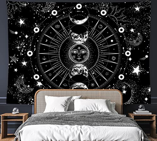 FREEHOTU Wandteppich Sonne Mond, 152,4 x 101,6 cm, schwarz-weiß, Wandteppich, Sterne, Weltraum, psychedelischer Wandbehang, Party-Dekoration, Heimdekoration für Schlafzimmer, Wohnzimmer, Wohnheim (150