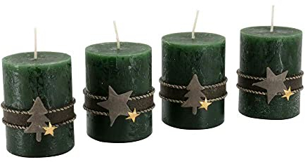 Adventskerzen mit Motiven 4er Set - Rustikale Oberfläche - Kerzen/Stumpenkerzen für Weihnachtskranz/Adventskranz - Weihnachten (Jägergrün, Höhe 8 cm/Ø 6 cm)