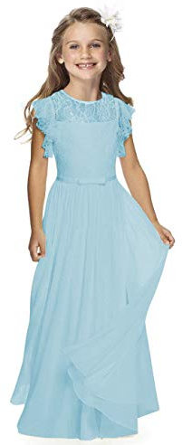 Boho Lange Kinder Spitzenkleid Chiffon Kleid mit Gürtel und Kurzen Butterfly-Ärmeln/Chic A-Linie Kommunionkleider Brautjungfern Kleider Blumenmädchenkleider für Mädchen (Blau,8-9 Jahre)