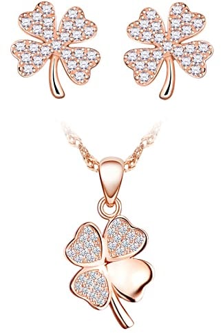 CPSLOVE Necklace and Earrings for womens and girls, 925 sterling silver jewelry set, Elegant four leaf clover necklace pendant and earrings studs, Inlaid shiny zircon, rose gold