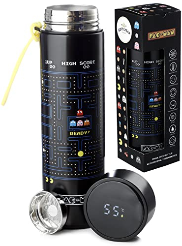 Puckator Pac-Man - Stainless Steel Water Bottle with Led Temperature Display - Cold for 24h and Hot for 12h - Metal Water Bottles with Video Game Design - Modern Thermos Flask - Bpa Free - 450 Ml