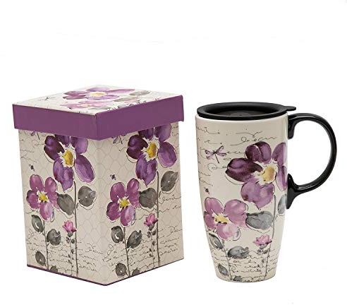 Topadorn Ceramic Travel Mug Coffee Cup with Sealed Lid and Gift Box,17oz. Purple Flower