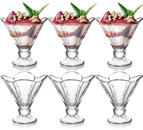 Hacaroa 6 Pack Glass Ice Cream Bowls Small Sundae Cups, 190 ml Footed Dessert Bowls Milkshake Glasses, Clear Cute Trifle Bowls for Pudding, Parfait, Fruit, Clover Shape