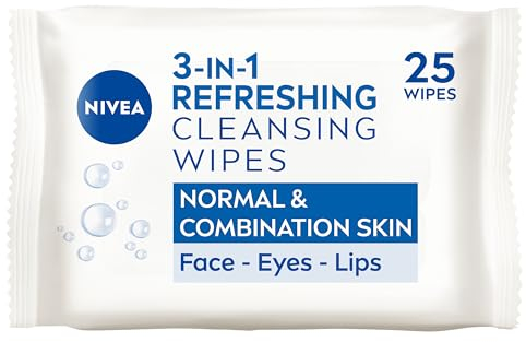 NIVEA 3in1 Refreshing Cleansing Wipes Normal Skin and Combination Skin (25 Wipes), Plant-Based Makeup Remover Face Wipes, Gentle Yet Effective Makeup Removal
