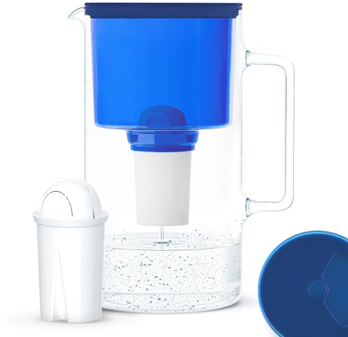 Wessper Carafe En Verre Avec 1 Filtre À Eau (Compatible Avec Brita Classic), Eau Filtrée Avec Grand Goût Et Pureté Réduit Les Dépôts De Calcaire Et De Chlore 3 Litres, Bleu