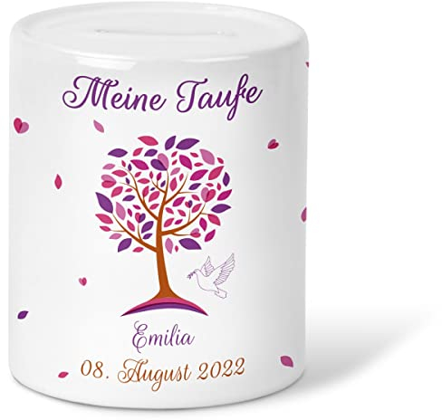 GRAVURZEILE Spardose für Kinder - im Lebensbaum Design - Personalisiert mit Name & Datum - Geschenk für Jungen & Mädchen zum Geburtstag Kommunion Geburt Einschulung Weihnachten - Farbe Rosa