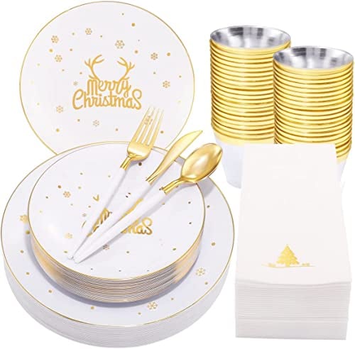 KAHEIGN 175 Pièces Réutilisable Vaisselle de Noël en Plastique Blanc Bordée D'or - 25 Assiettes Plates, 25 Assiettes Salade, 25 Couteaux, 25 Fourchettes, 25 Cuillères, 25 Serviettes pour 25 Invités