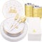 KAHEIGN 175 Piezas Reutilizable Vajilla Navideña de Plástico Blanco con Borde Dorado - 25 Platos Llano, 25 Platos Ensalada, 25 Cuchillos, 25 Tenedores, 25 Cucharas, 25 Servilletas para 25 Invitados
