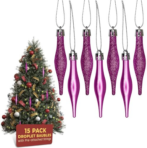 Festive Fix 15-Pack 8.5cm Matte Glitter Droplet Baubles in Baby Pink – Durable Shatterproof Christmas Tree Ornaments with Strings, Multipurpose Decorations for Trees, Wreaths, Garlands & Centrepieces